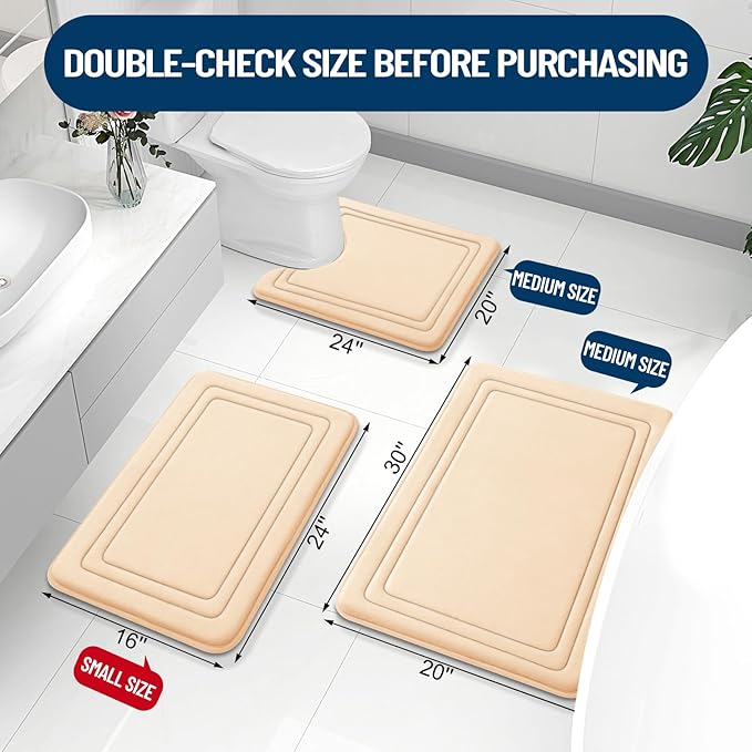 Grandaily Memory Foam Bath Mat Rug 36x24, Ultra Soft, Non-Slip and Absorbent Bathroom Rugs, Machine Wash Dry, Comfortable Bath Carpet for Bathroom Floor, Tub and Shower, Beige