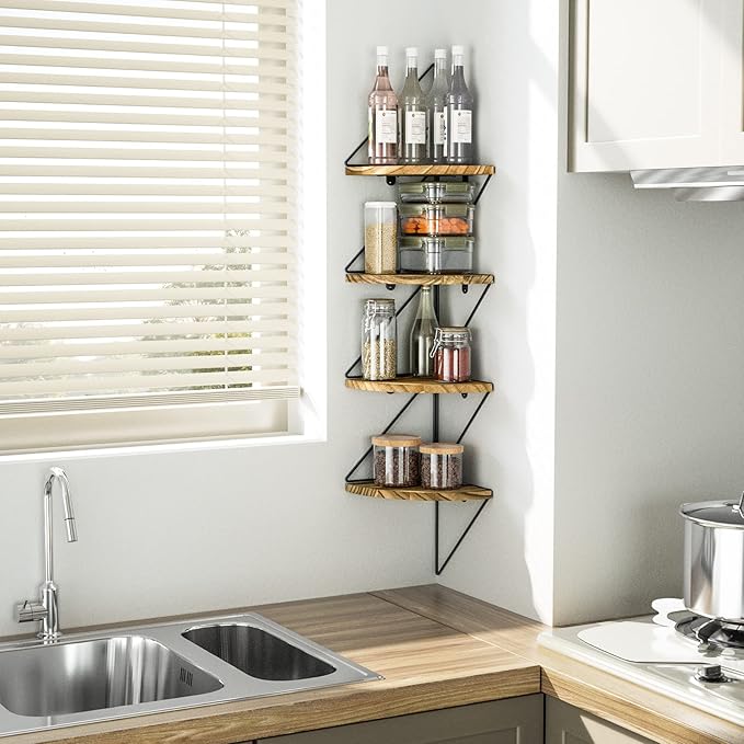 SZQINJI Wall Mount Corner Shelf 4-Tier Rustic Wood Floating Shelves Wall Hanging Shelves for Bathroom Bedroom Living Room Kitchen Office and More Carbonized Black