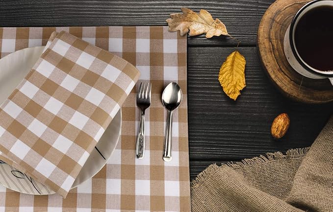 Urban VillaPlacemats for Dining Table 100% Cotton Placemats 14''x20'' Over Sized Tablemats Set of 6 Placemats Taupe/White Buffalo Check Tablemats for Family Dinners Wedding PartiesPlacemats