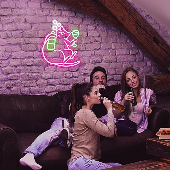 NOSUN Cat Beer Neon Sign Funny Bar Neon Signs for Wall Decor with Dimmable Cat Neon Sign Beer Led Sign Pink Animal Bar Light Up Signs for Bedroom Men Cave Home Bar Cat Birthday Party Home Bar Decor
