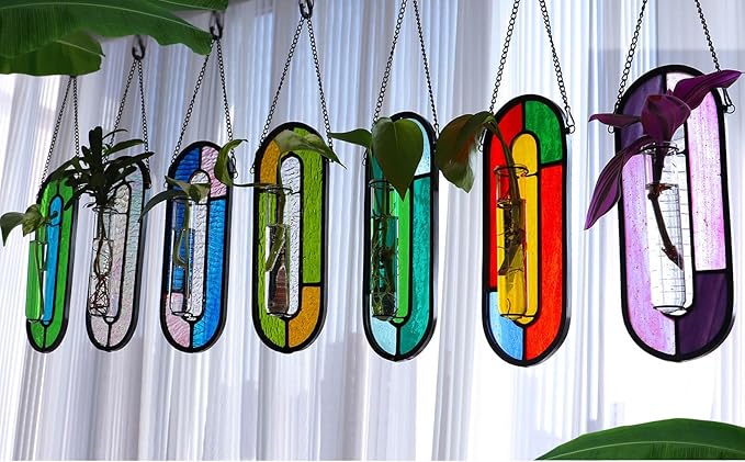 LITMIND Stained Glass Plant Propagation Station, Hanging Hydroponic Planter Terrarium with 2 Glass Tubes - Perfect for Home & Garden Décor