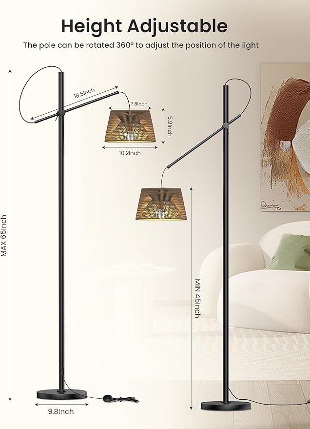 Arc Floor Lamp with Remote, Boho Floor Lamp with 3 Color Temperatures, 2700K-6500K Dimmable Rattan Standing Lamp with LED Bulb and Foot Switch, Adjustable Tall Lamp for Living Room Bedroom