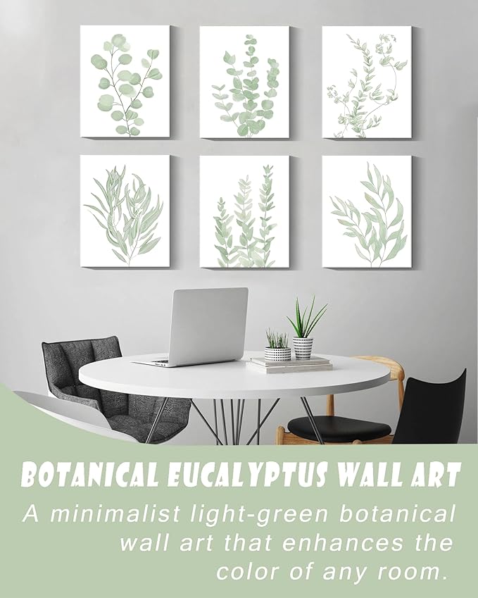 Botanical Eucalyptus Canvas FRAMED Wall Art,Boho Plant Wall Decor for Bedroom,Minimalist Prints for Living Room,Light Green Botanical Art Painting for Bathroom,Set of 6,8”x 10”