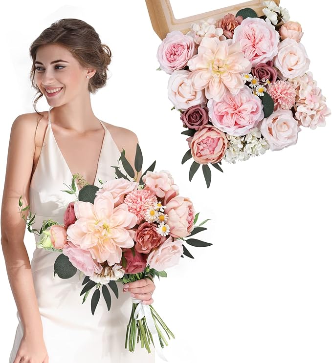 AmyHomie Pink Artificial Flowers Combo Silk Mix Peony Rose Hydrangea Daisy Fake Flowers w/Stem for DIY Wedding Bouquets Centerpieces Arrangements Table Decor Party Bridal Baby Shower Home Decor
