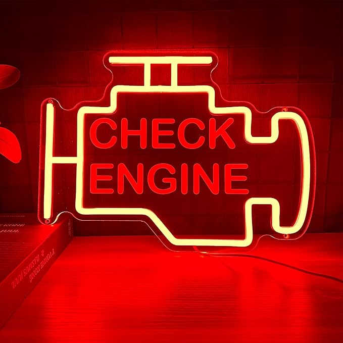 Check Engine Neon Sign, 15 * 11in Garage Led Neon Light, Dimmable LED Neon Signs for Wall Decor, Powered by USB Neon Sign, Wall Art Gift for Men, Neon Signs for Man Cave Garage Room Auto Repair Shop
