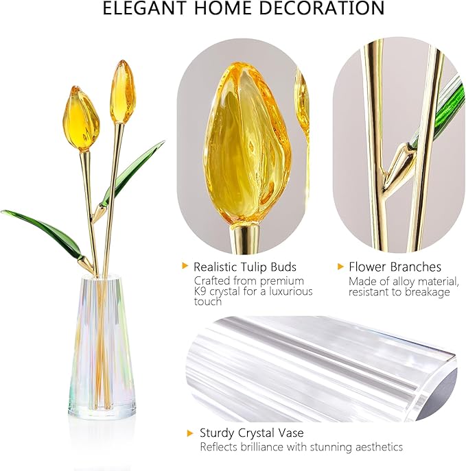 Crystal Tulip Flowers Figurine Collectible- Glass Flowers with Vase,Glass Flower Bouquet Paperweight,Gift for Anniversary Wedding Centerpiece Ornament(Yellow)