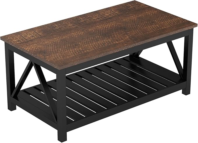 ChooChoo Black Coffee Table, Rustic Vintage Table with Shelf for Living Room, 40 Inch