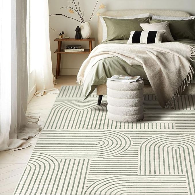 Area Rugs 9x12 Living Room - Large Washable Sage Green Boho Rugs for Bedroom Soft Abstract Rug Ultra-Thin Modern Rainbow Carpet Stain Resistant Rug for Dining Room Nursery Room Home Decor
