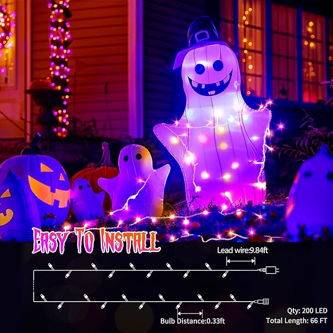 JXLEDAYY 66 FT 200 LED Halloween Lights Outdoor Decorations Waterproof Fairy String Lights Plug in with Remote Timer 8 Modes for Outside House Tree Bush Garden Yard Party Decor-Purple & Orange