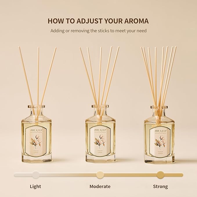 Airkeep Reed Diffuser Set-6.09 oz (180ml) Clean Linen Lemon Bergamot Scented Diffuser with 8 Reed Sticks Home Fragrance Oil Diffuser for Bathroom Shelf Decor