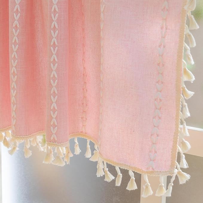 Sutuo Home Boho Valance Curtains for Road Tiers Windows, Bohemian Short Curtains Light Filtering French Country Tassels Window Treatment Embroidery Drape, Rod Pocket 1 Panel 52" W x 18" L, Pink