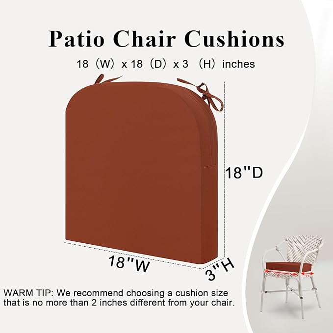 Outdoor Chair Cushions Set of 2, Waterproof Memory Foam Patio Seat Cushions with Ties for Garden Sofa & Dining Furniture, 3-Year Color Fastness, 18x18x3 Inch, Spcie