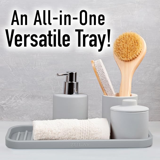 Zulay Kitchen (9x3.5) Silicone Sponge Holder for Kitchen Sink - Flexible Multipurpose Soap Tray - Sink Organizer for Kitchen, Bathroom, Makeup, Trinkets & More (Gray)