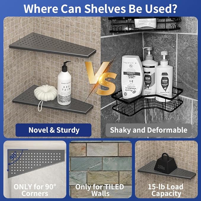 Corner Shower Shelf, 12" Trapezoid Floating Shelf 304 Stainless Steel Grid Design Recessed Bathroom Shelf for Tiled Wall No Drilling (Gunmetal, 12"-2 Pack)