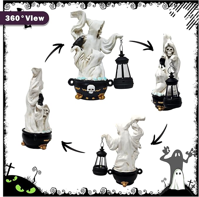 Skeletons Halloween Statues Decor Lantern - Gothic Grim Reaper Spooky Solar Lantern Statue Skeletons Crow,Outdoor Indoor Party Home Decorations Tabletop Shelf Garden Porch Yard Patio