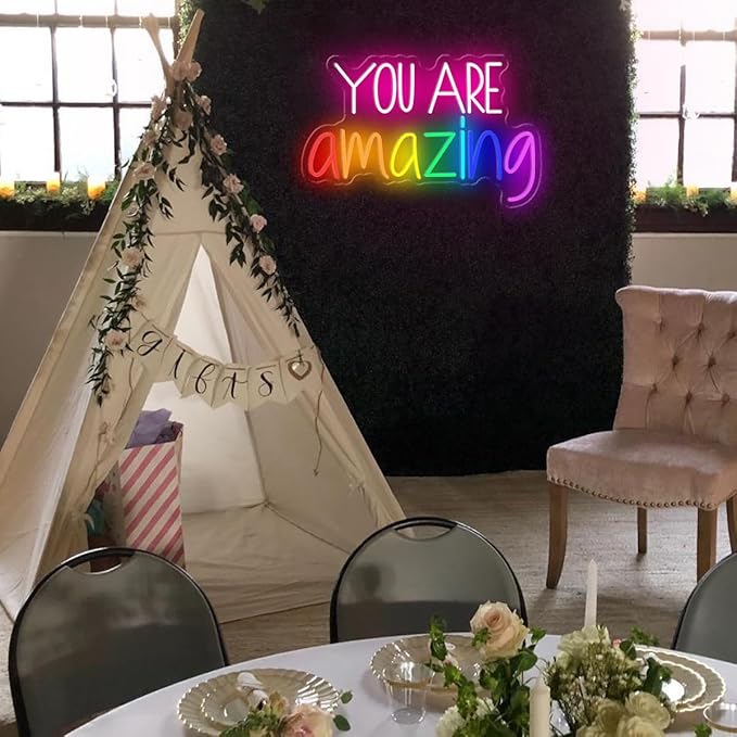 You Are Amazing Neon Sign Dimmable, USB You are Amazing LED Neon Light Sign for Wall Decor, Colorful LED Letter Light Up Sign for Living Room Bedroom Christmas Gift, 16.9" X 10.6"