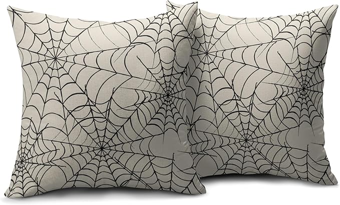 Cream Halloween Spiderweb Pillow Covers 16x16 Set of 2 Black Web Outdoor Decorative Throw Pillows Halloween Scary Themed Farmhouse Pillowcases Linen Cushion Case Decor for Home Sofa Couch Bed