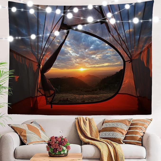BaoNews Blue Night Camping Tapestry,Red Sunset Large Wall Hanging Polyester Tablecloths Tapestry Bedroom Room Living Room Dorm 59.1 x 82.7 Inches