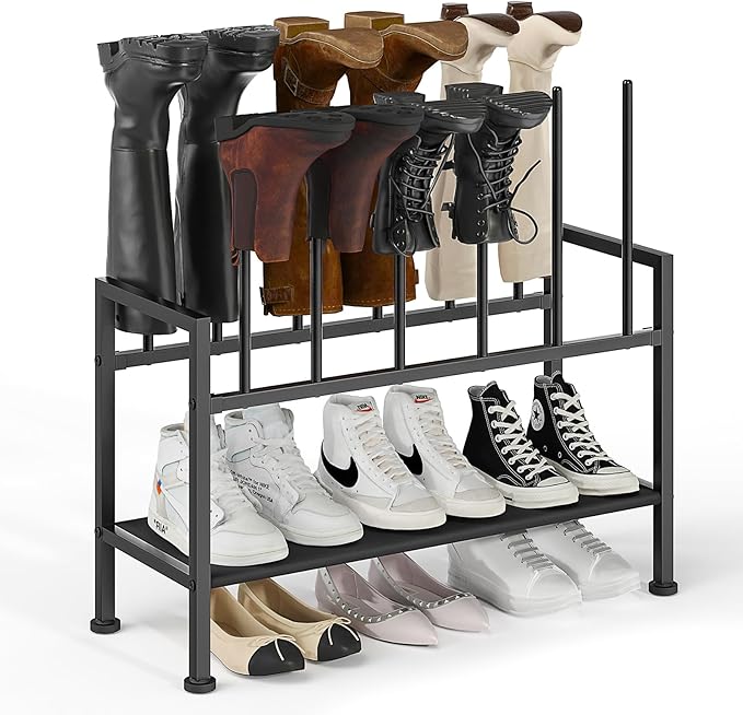 DIMJ Free Standing Shoe Racks - 3-Tier Boot Rack, Black Metal Storage Organizer for Tall Boots, Sneakers, Closet Organizer, Multiuse Shoe Rack, Fits 6 Pairs