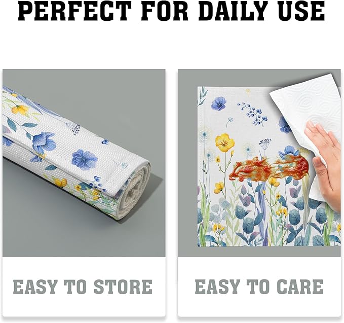 Watercolor Floral Placemats Set of 4 Blue Yellow Poppy Flowers Washable Non-Slip Heat Resistant 12×18 Inch Spring Summer Seasonal Linen Fabric Table Mats for Kitchen Dining Table