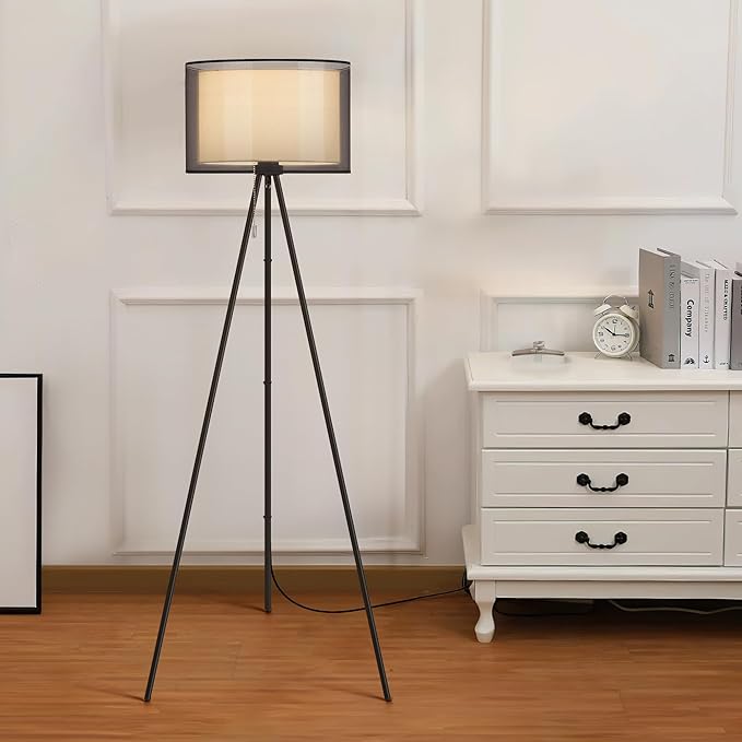 KDG Modern Floor Lamp - Tall Tripod Lamp for Living Room, Bedroom, Office; Fabric Shade, LED Bulb, Warm Light (Black)