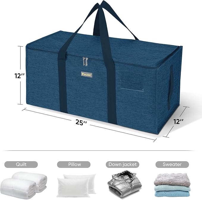 BALEINE Extra Large Storage Tote with Zippers & Carrying Handles, Heavy-Duty Oxford Fabric Moving Bags for Laundry, Space Saving, Storage, Denim Blue