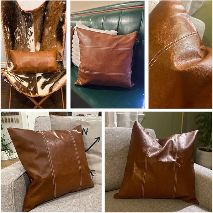 Fancy Homi Brown 26x26 Pillow Covers Set of 2, Euro Pillow Covers, Big Throw Pillow Covers for Couch Bed Bedroom Living Room, Cognac Brown Faux Leather Hand Stitched Square Cushion Case 66x66 cm