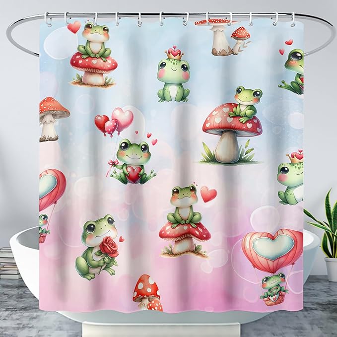 AILONEN Cartoon Frog Shower Curtain,Green Frog with Red Mushroom Roses Bathroom Curtain for Kids Boys Girls,Kawaii Amphibian Animal Waterproof Fabric Shower Curtains for Bathroom,60" W*72" H