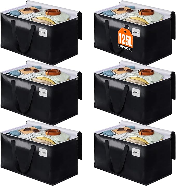 BlissTotes Moving Bags, Heavy Duty Moving Boxes with Zippers Top and Sturdy Handles, Storage Bags for Space Saving and Packing, Collapsible Moving Supplies, Storage Totes (125L, 6-Pack, Black)