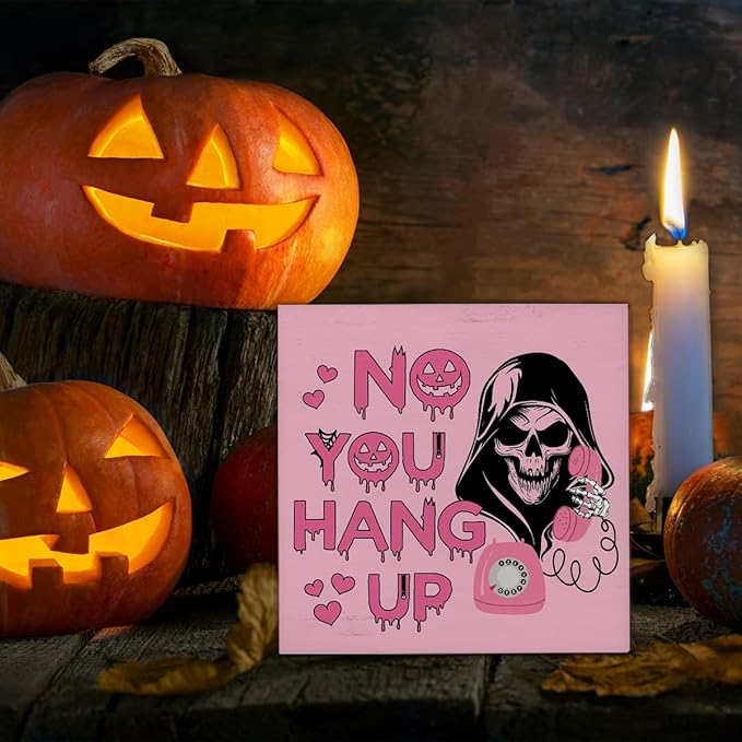 Halloween Decorations, No You Hang Up Wooden Sign Decor Desk Sign Funny Horror Ghost Wooden Block Sign Halloween Home Decor for Table Shelf 5 x 5 Inch