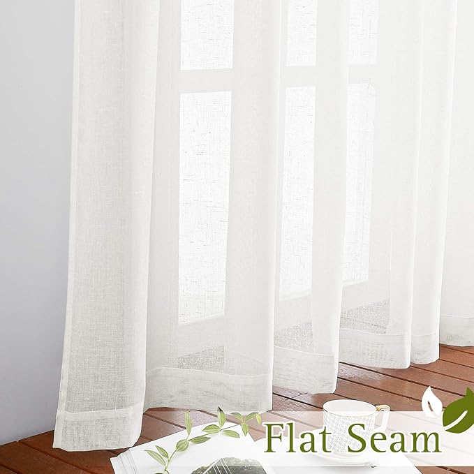 NICETOWN 45 inch Long Rich Linen Curtains Flax Texture, Grommet Top Rustic Drapes Half Window Semi Sheer with Light Filtering for Kitchen/Nursery/Cafe, Ivory, 104" Wide Total 2 Panels