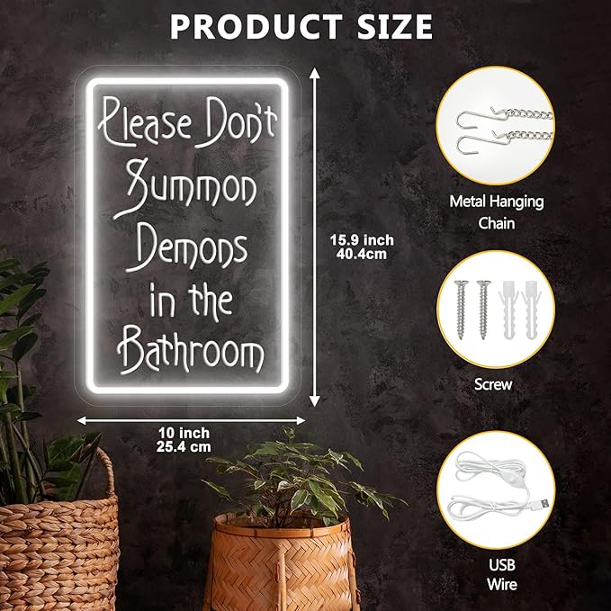 Please Don't Summon Demons in the Bathroom Neon Sign for Wall Decor, USB Powered Switch Adjustable Brightness LED Neon Lights, for Humor Party, Halloween Party, or Christmas