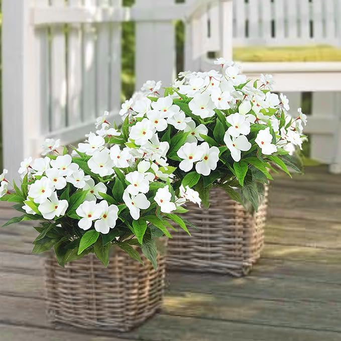4 Pcs Artificial Flowers Outdoor Impatiens UV Resistant Silk Impatiens Flowers White Faux Flowers Impatiens Bushes Artificial Impatiens for Pot Patio Lawn Garden Hanging Basket Porch Decor