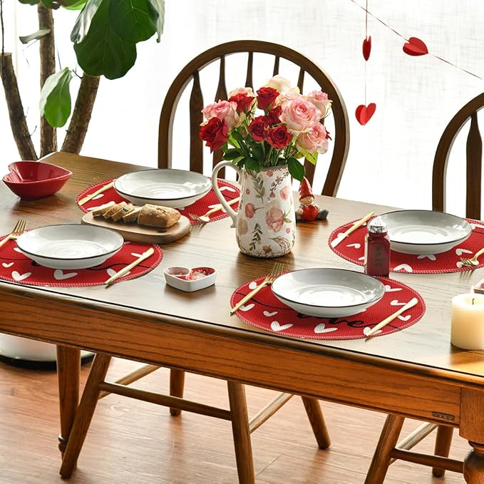 Artoid Mode Red Love Round Valentine Placemats Set of 4, 14 Inch Anniversary Wedding Round Table Mats for Dining Decoration