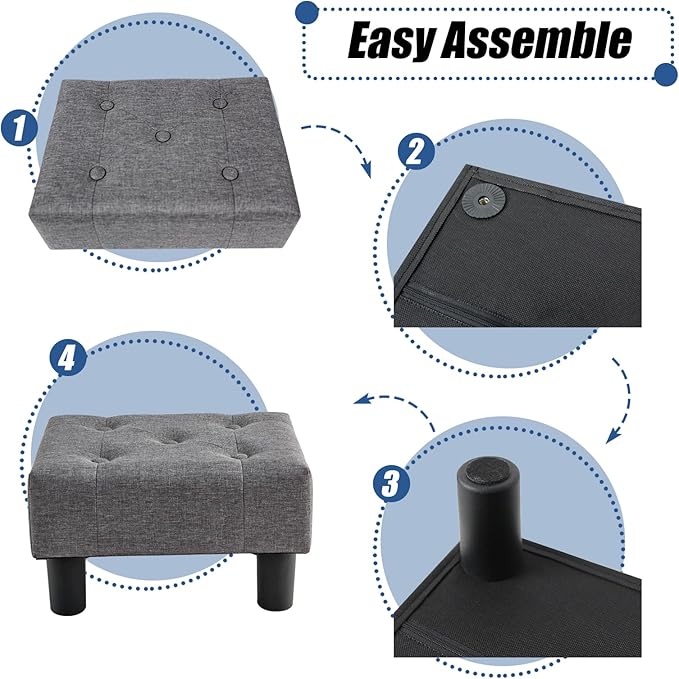 BRIAN & DANY Small Foot Stool, Linen Foot Stools with Legs, Stable Small Footstool for Living Room, Grey