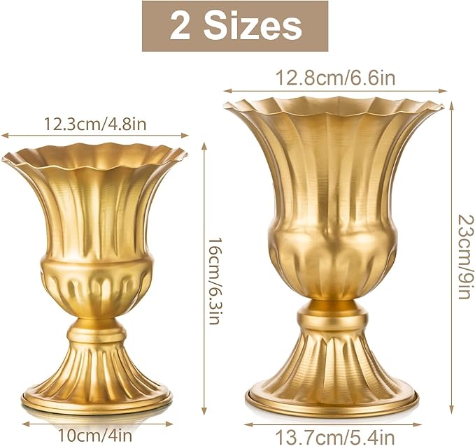 Sziqiqi Gold Flower Arrangements Vase for Wedding Table Centerpiece - 9in Metal Planter Vase Pot for Artificial Real Flower Small Trumpet Plant Urn for Garden