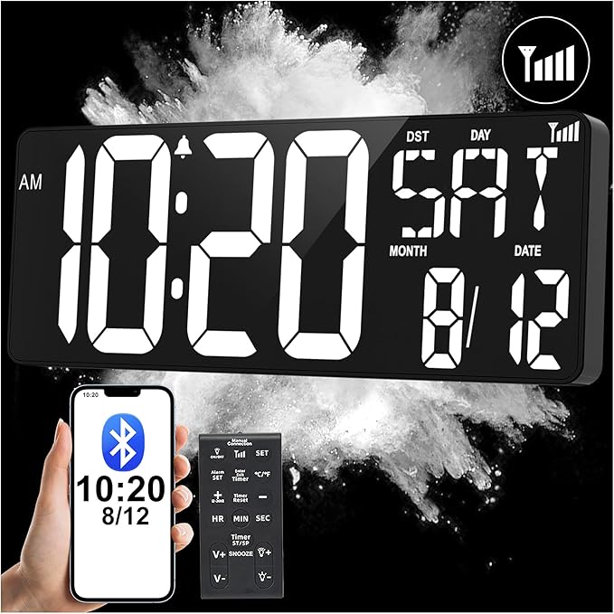 XREXS 17.2" Digital Wall Clock with Remote Control, Bluetooth Sync Time LED Digital Clock for Living Room Decor, Auto DST, Temperature for Living Room, Gift for Elderly and Teens