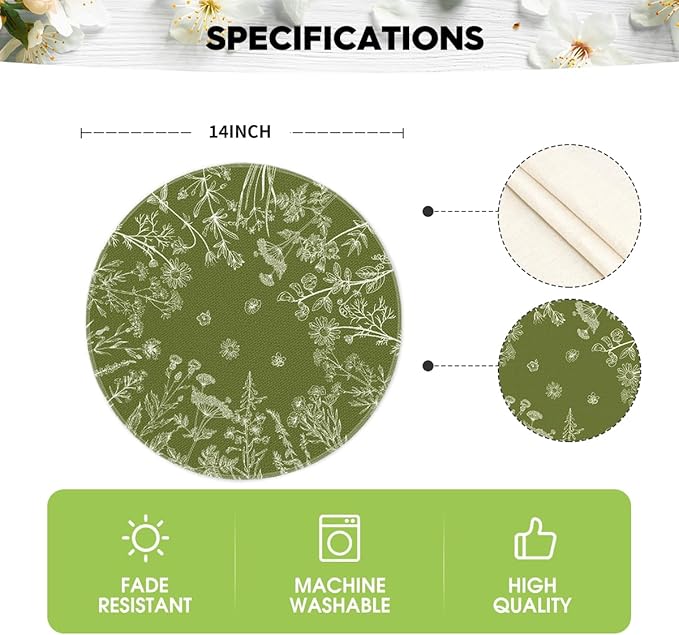 Artoid Mode Antique Herbs and Wild Flowers Spring Round Placemats Set of 4, 14 Inch Summer Round Table Mats for Dining Decoration