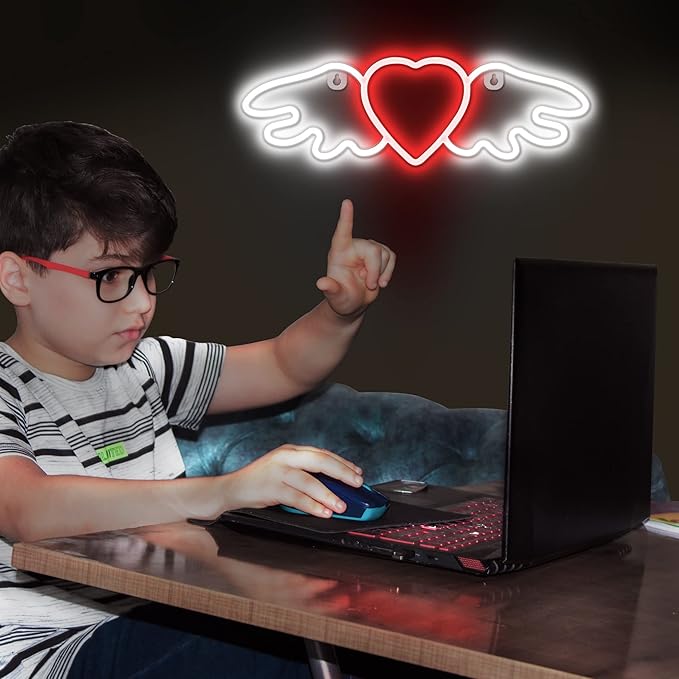 Lumoonosity Heart Angel Wings Neon Sign - Neon Angel Wings & Heart LED Sign for Teens/Kids/Girls Room Wall Decor - USB Powered with On/Off Switch - 14 x 4.5-inch
