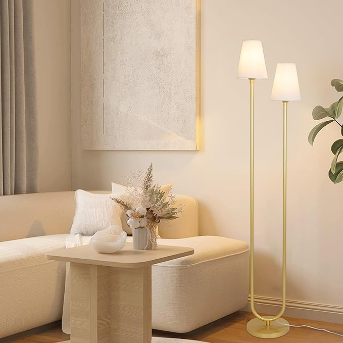 HMVPL Gold Floor Lamps for Living Room, Brass Corner Floor Lamp with Fabric Lampshade, Mid Century Standing Lamp with On/Off Foot Switch, Modern Tall Lamp for Living Room Bedroom Nursery Office(66")