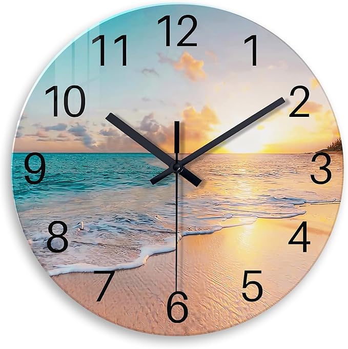 Beach Wall Clock Battery Operated 12 Inch Glass Wall Clock Non Ticking Analog Blue Clock for Bedroom Living Room Office