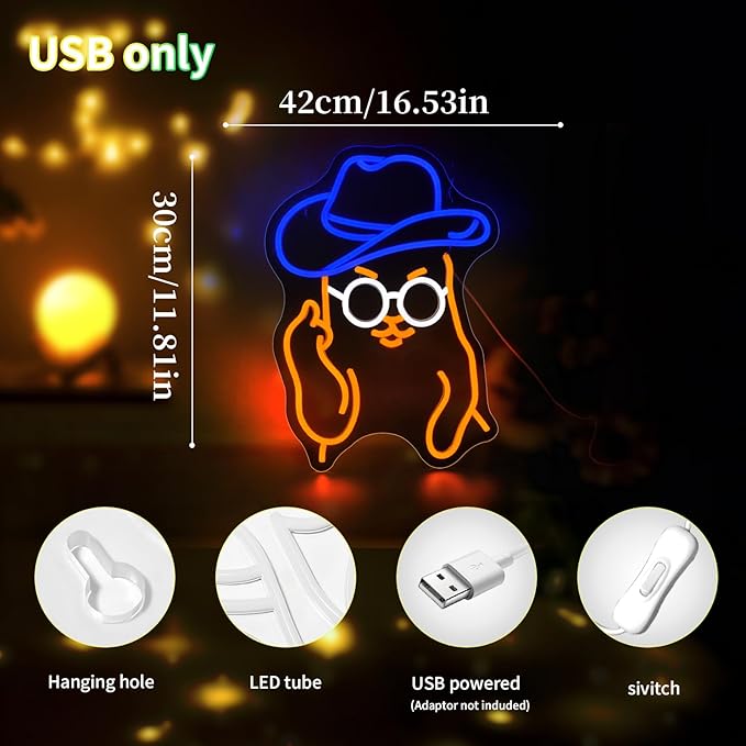Cat Cowboy Neon Sign for Wall Decor Led Neon Signs Light Up Sign Room Decor Neon Lights Sign USB Powered