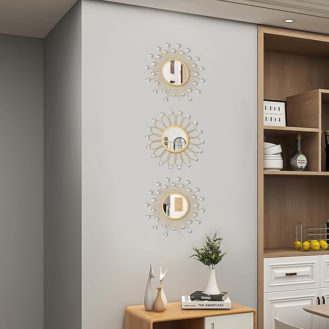 3 Pack Metal Mirrors for Wall Sunburst Wall Mirrors Home Décor Decorative Hanging Wall Art for Living Room Bedroom Entryway (Gold Crystal, Flower+Sunburst)