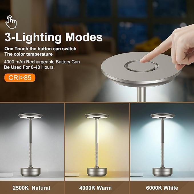 Cordless Table Lamp, Portable Rechargeable LED Battery Powered Touch Metal Table Light, 3 Color Stepless Dimming Modern Table Lamp, for Bedroom/Home/Restaurant/Outdoor.(Silver)