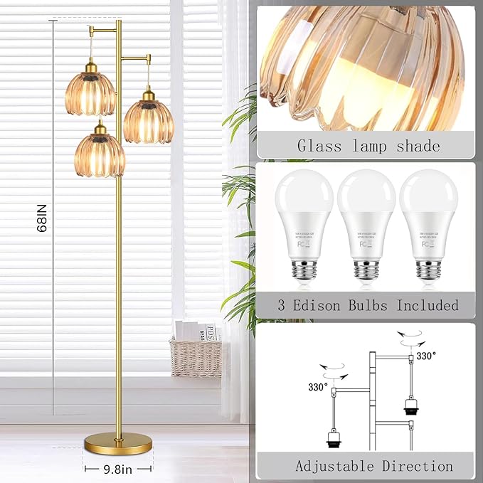 Gold Floor Lamp for Living Room Bedroom,3 Lights Mid Century Modern Floor Lamps with Flower Glass Shades,68IN Tall Standing Lamp with Bulbs,Vintage Tree Floor Lamp for Corner Office Reading