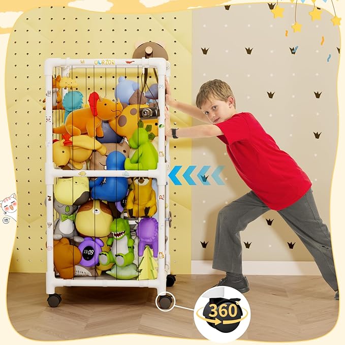 Large Stuffed Animal Zoo Cage with Wheel, Plush Animal Storage Holder for Stuffed Animals, Playroom, Bedroom, Nursery, Stuffed Animal Storage Shelves Display Decor, Kids Toy Storage Organizer