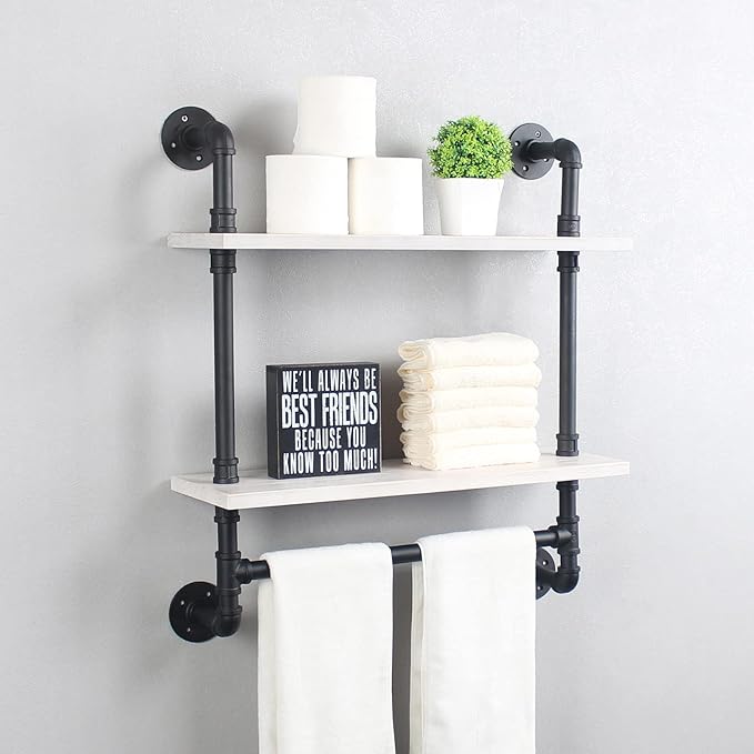 Iron Pipe Shelves Industrial Bathroom Shelves with Towel bar,24in Rustic Metal Pipe Floating Shelves Pipe Wall Shelf,2 Tier Industrial Shelf Wall Mounted,Black & White