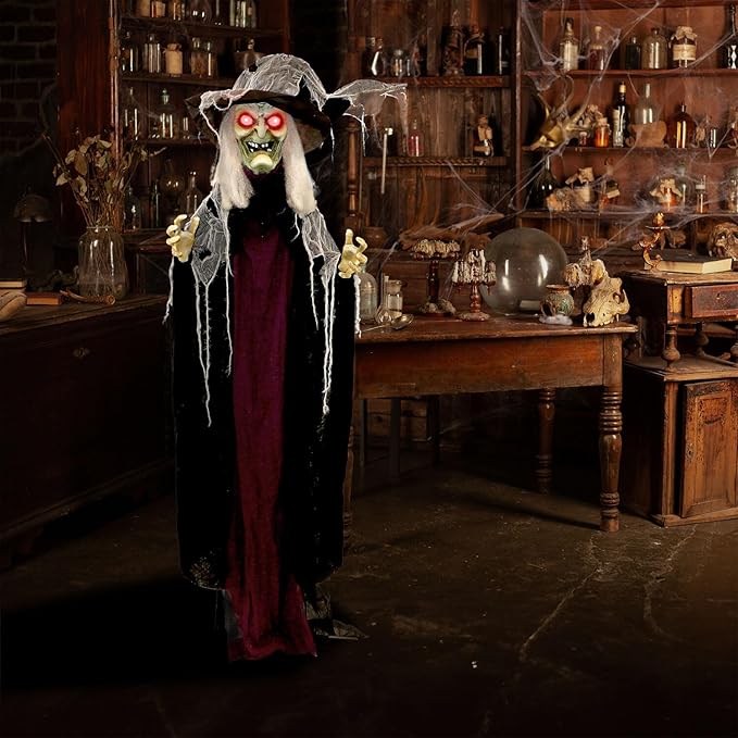 Haunted Hill Farm Life-Size Poseable Scary Talking Witch, Halloween Animatronic with Touch Activated Lights and Sound, Battery Operated Indoor or Covered Outdoor Halloween Decorations, Fright Props