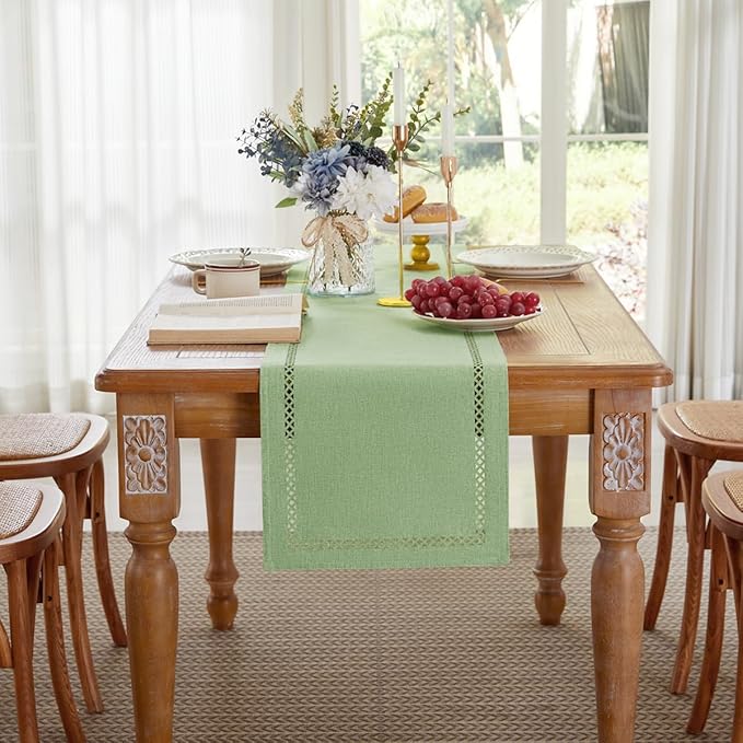 Burlap Style Farmhouse Table Runner, 13 x 60 Inch Avocado Green, Rustic Geometric Hollow Table Runners 60 Inches Long for Dresser Table Everyday Use, 13x60 Inches, Avocado Green