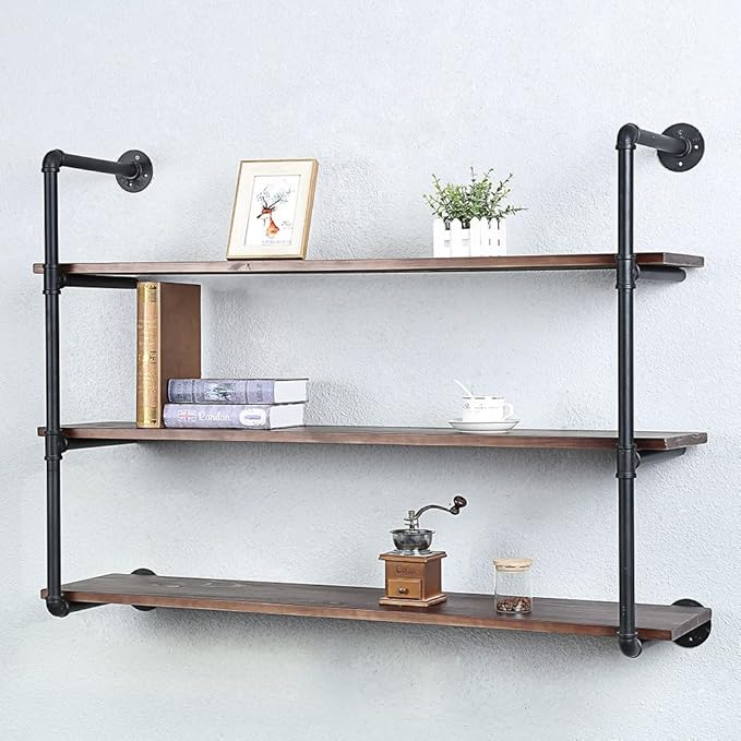 Industrial Pipe Shelves with Wood Planks,Bar Shelving Wall Mounted Hanging Book Shelf,Rustic Iron Floating Shelves for Wall(3 Tier 48in)